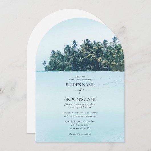 Tropische Waterverf Palmen & Strand Bruiloft Kaart (Voorkant / Achterkant)