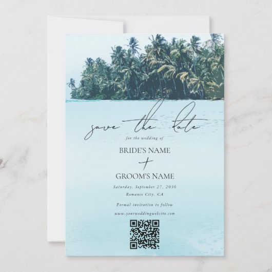 Tropische Waterverf Palmen & Strand Wedding QR Cod Save The Date (Voorkant)