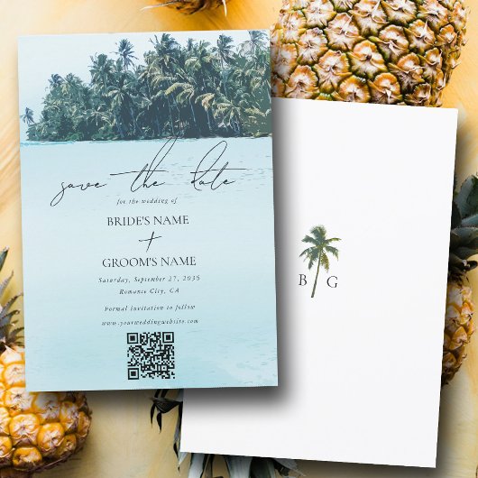 Tropische Waterverf Palmen & Strand Wedding QR Cod Save The Date
