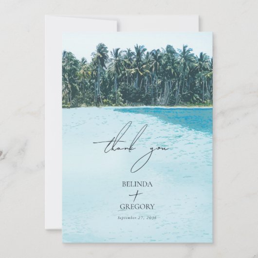 Tropische Waterverf Palmen & Strandbruiloft Bedankkaart (Voorkant)