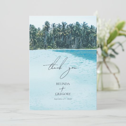 Tropische Waterverf Palmen & Strandbruiloft Bedankkaart (Staand voorkant)