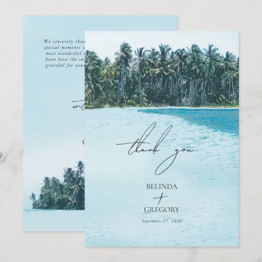 Tropische Waterverf Palmen & Strandbruiloft Bedankkaart (Voorkant / Achterkant)