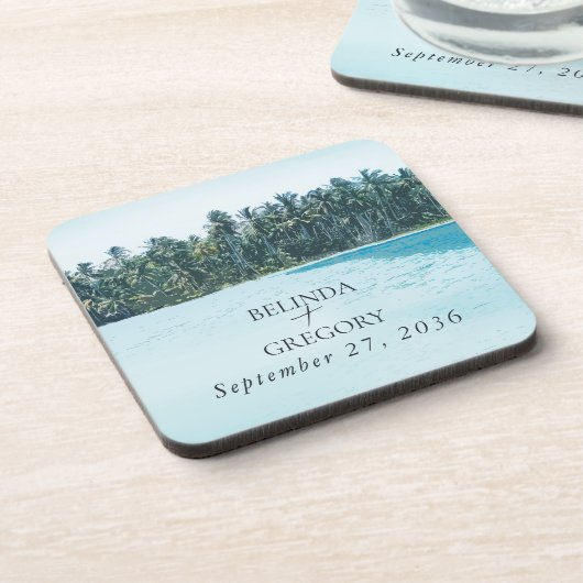 Tropische Waterverf Palmen & Strandbruiloft Bier Onderzetter (Linkerzijde)