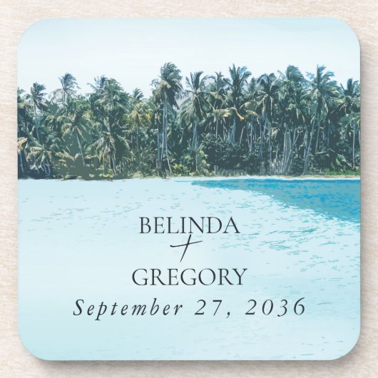 Tropische Waterverf Palmen & Strandbruiloft Bier Onderzetter (Voorkant)