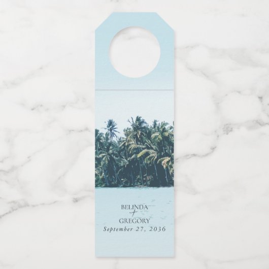Tropische Waterverf Palmen & Strandbruiloft Flessenhanger (Voorkant)