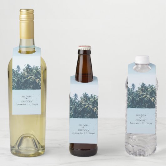 Tropische Waterverf Palmen & Strandbruiloft Flessenhanger (In situ)