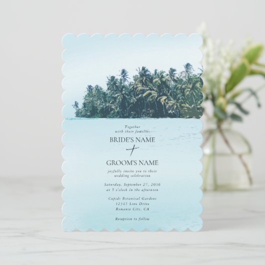 Tropische Waterverf Palmen & Strandbruiloft Kaart (Staand voorkant)
