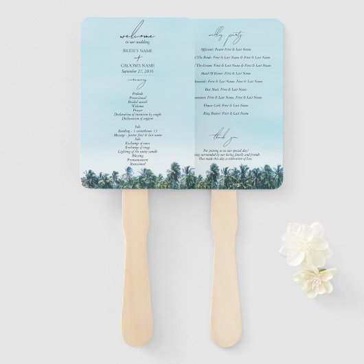 Tropische Waterverf Palms Beach Wedding Programma Handwaaier (Voorkant en achterkant)