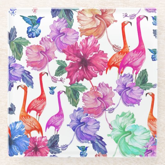 Tropische Waterverf Patroon Glazen Onderzetter (Voorkant)