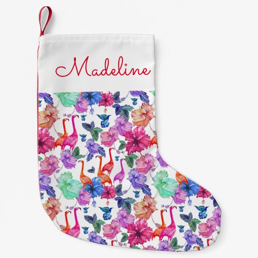 Tropische Waterverf Patroon | Jouw namen toevoegen Kleine Kerstsok (Voorkant)