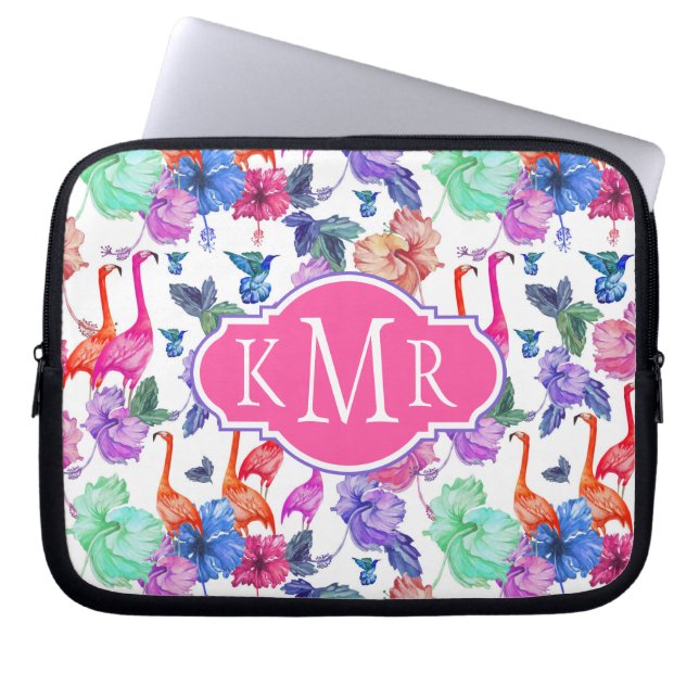 Tropische Waterverf Patroon | Monogram Laptop Sleeve (Voorkant)