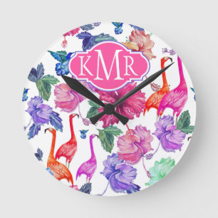 Tropische Waterverf Patroon Monogram Ronde Klok