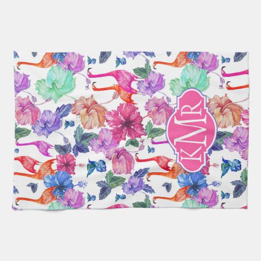 Tropische Waterverf Patroon | Monogram Theedoek (Horizontaal)