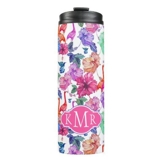 Tropische Waterverf Patroon | Monogram Thermosbeker (Voorkant)