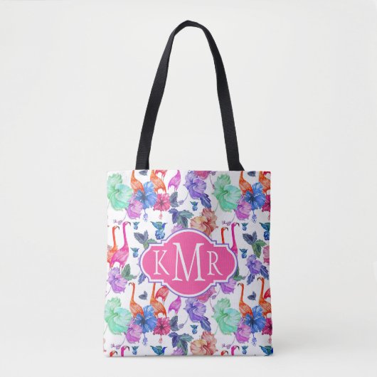 Tropische Waterverf Patroon | Monogram Tote Bag (Voorkant)