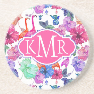 Tropische Waterverf Patroon Monogram Zandsteen Onderzetter