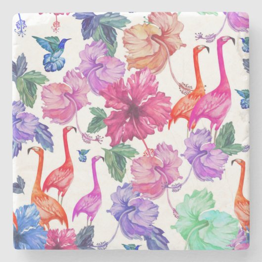 Tropische Waterverf Patroon Stenen Onderzetter (Voorkant)