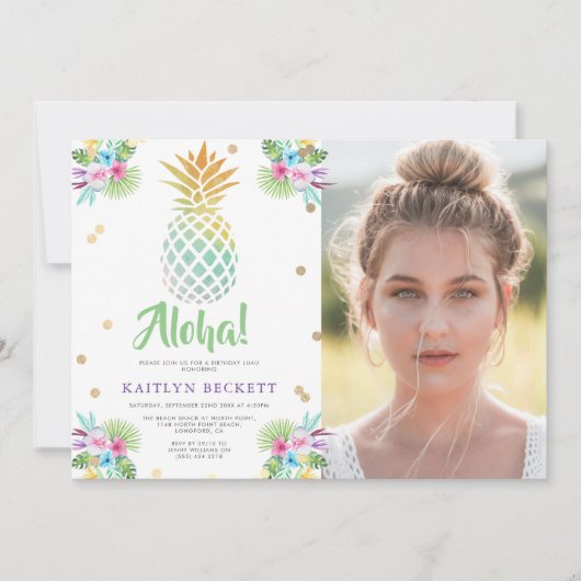 Tropische Waterverf Pineapple Birthday Foto Luau Kaart (Voorkant)