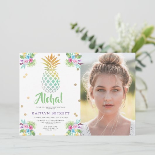 Tropische Waterverf Pineapple Birthday Foto Luau Kaart (Staand voorkant)