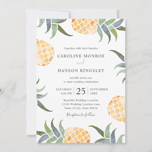 Tropische Waterverf Pineapple Summer Beach Weddens Kaart (Voorkant)