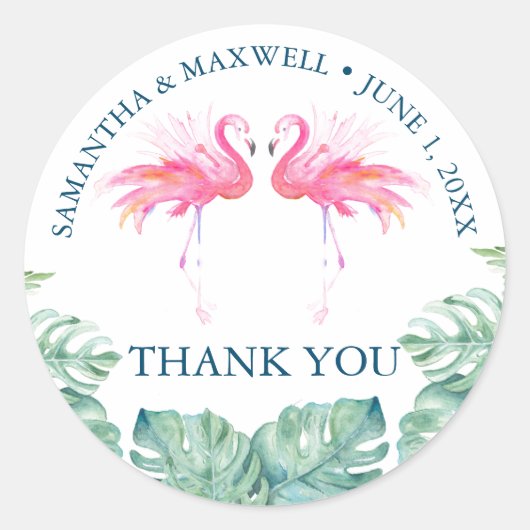 Tropische Waterverf Roze Flamingo Favors Ronde Sticker (Voorkant)