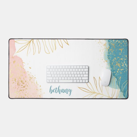 Tropische Waterverf Roze Gouden Blad Gepersonalise Bureaumat (Keyboard & Muis)