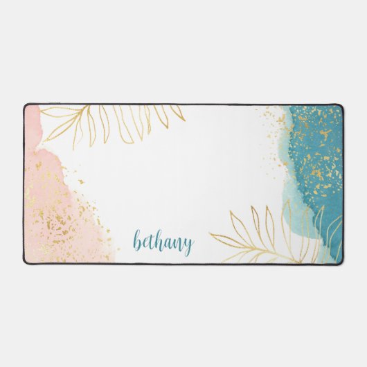 Tropische Waterverf Roze Gouden Blad Gepersonalise Bureaumat (Voorkant)