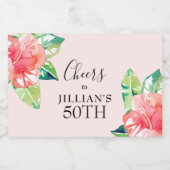 Tropische Waterverf Roze Hibiscus Floral Mini Sparkling Wijnetiket (Enkel label)