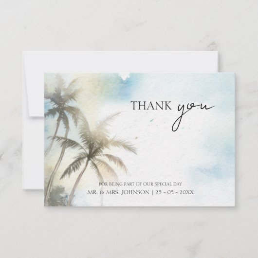 Tropische Waterverf Strand Palm Trees Bruiloft Bedankkaart (Voorkant)