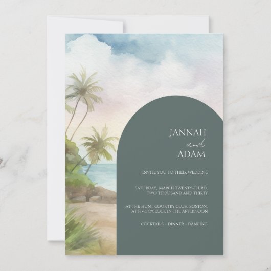 Tropische Waterverf Strand Palm Trees Bruiloft Kaart (Voorkant)