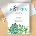 Tropische Waterverf Sweet 16 verjaardagsuitnodigin<br><div class="desc">Vier in stijl met deze verjaardagsuitnodigingen ontworpen voor een Sweet 16 gevuld met tropische charme. Perfect voor een tropische luau, een zwembadfeest of een zomerfeest, deze uitnodiging legt de essentie vast van een leuk maar elegant thema-evenement voor de 16e verjaardag. Met "Sweet Sixteen" in een gewaagd, handgeschreven script, is dit...</div>