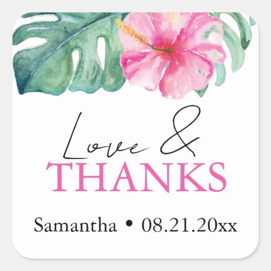 Tropische Waterverf Thema Roze Hibiscus Bloem Vierkante Sticker (Voorkant)