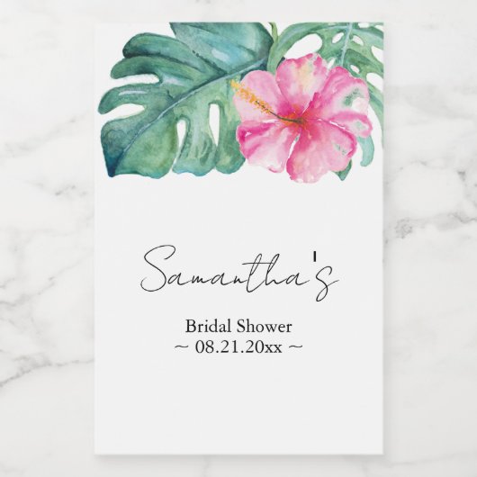 Tropische Waterverf Thema Roze Hibiscus Bloem Voedselcontainer Etiket (Enkel label)