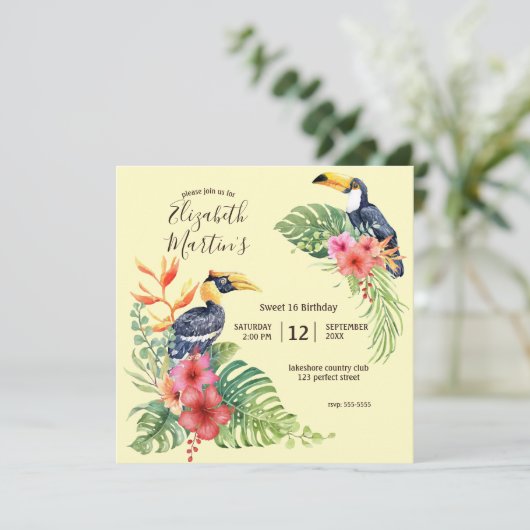 Tropische Waterverf Toucan & Hibiscus Verjaardag Kaart (Staand voorkant)