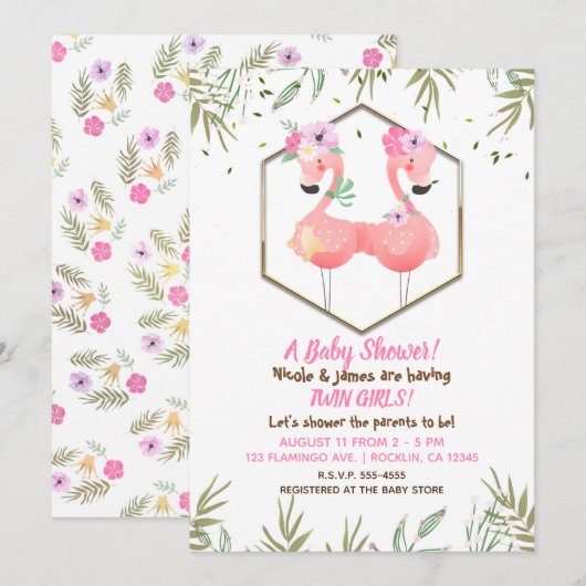 Tropische Waterverf Twee Roze Flamingo's Baby show Kaart (Voorkant / Achterkant)