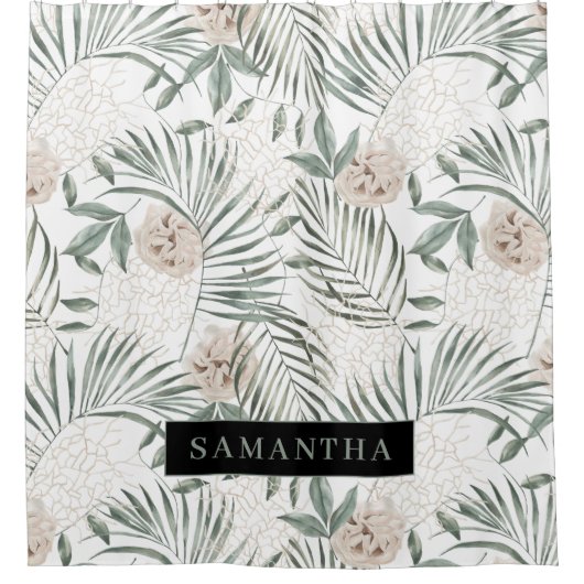 Tropische Waterverf verlaat- en blokpatroon Douchegordijn (Voorkant)