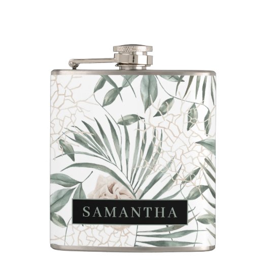 Tropische Waterverf verlaat- en blokpatroon Heupfles (Voorkant)