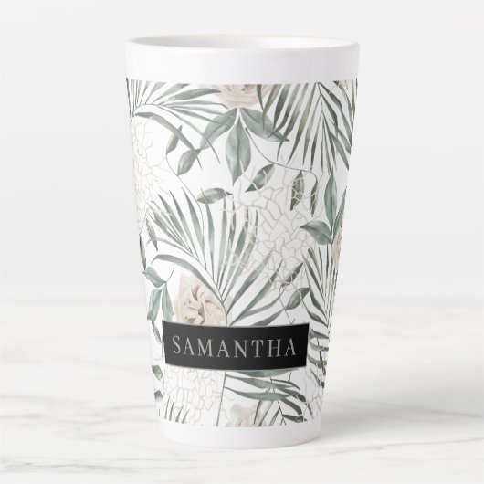 Tropische Waterverf verlaat- en blokpatroon Latte Mok (Voorkant)