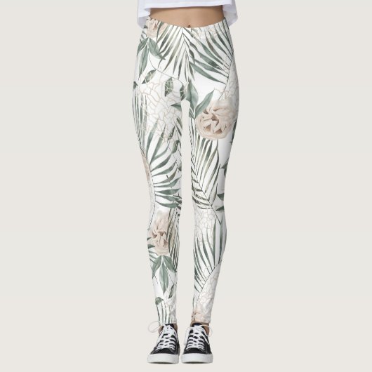 Tropische Waterverf verlaat- en blokpatroon Leggings (Voorkant)
