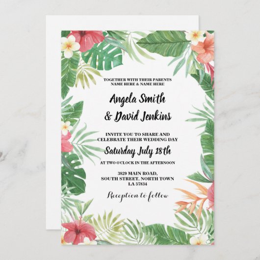 Tropische Waterverf Weddenschap Hibiscus Uitnodigi Kaart (Voorkant / Achterkant)