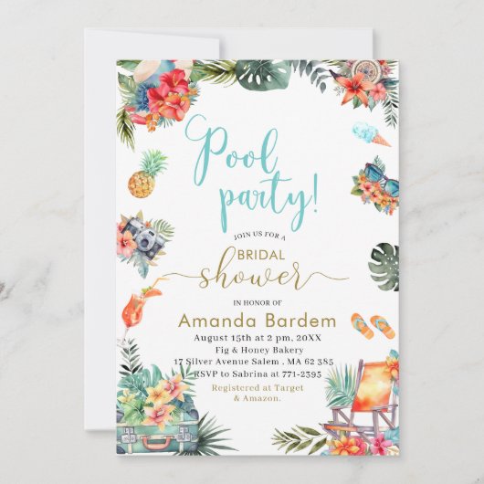 Tropische Waterverf Zwembad Zomer Vrijgezellenfees Kaart (Voorkant)