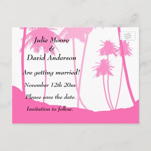 Tropische weddenschappen met warme handpalmen bewa aankondigingskaart (Achterkant)