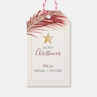 Tropische Wijn + Gouden Waterverf Zeesterren Kerst Cadeaulabel
