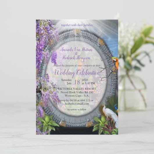 Tropische wijnstokbloemen en grote kleurige vogels kaart (Staand voorkant)