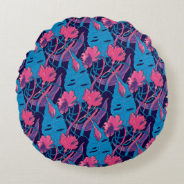 Tropische Wilde Bloemen Blauw Roze Modern Exotisch Rond Kussen