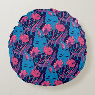Tropische Wilde Bloemen Blauw Roze Modern Exotisch Rond Kussen
