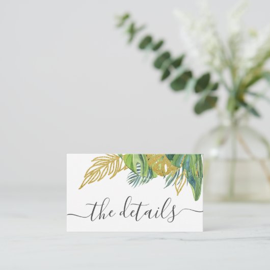 Tropische wilde palmbladeren bruiloft details informatiekaartje (Staand voorkant)