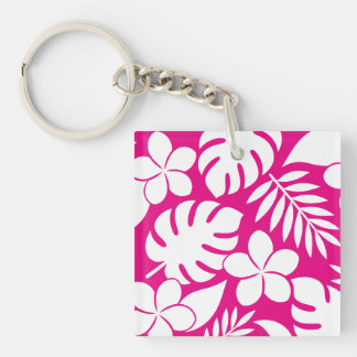 Tropische witte bloemen op een felroze achtergrond sleutelhanger