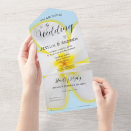 Tropische, witte en gele Plumeria, bloemige bruilo All In One Uitnodiging