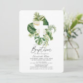 Tropische Witte Hibiscus & Kruis Botanische Doop Kaart (Staand voorkant)